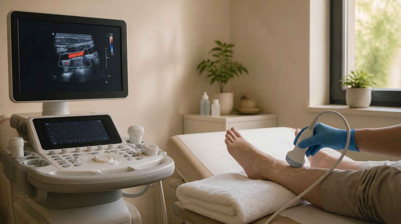 A vascular ultrasound being performed on an adult patient's lower leg, with arterial blood flow visible on the monitor